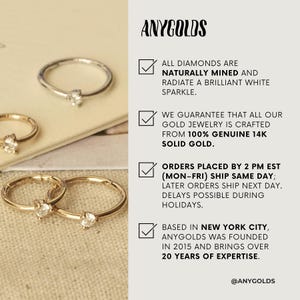 May include: A close-up of three gold and silver hoop earrings with small diamonds. The earrings are on a white background with a checklist of information about the jewelry. The text reads: "All diamonds are naturally mined and radiate a brilliant white sparkle. We guarantee that all our gold jewelry is crafted from 100% genuine 14k solid gold. Orders placed by 2 pm EST (Mon-Fri) ship same day; later orders ship next day. Delays possible during holidays. Based in New York City, Anygolds was founded in 2015 and brings over 20 years of expertise. @Anygolds"