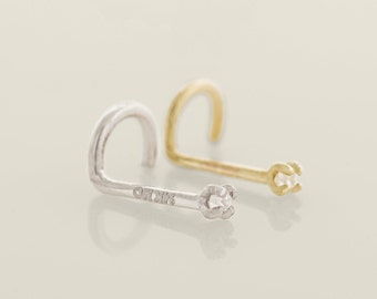 14K REAL Diamond Corkscrew Nose Stud Dainty Solid Gold Natural Genuine Diamond Nose Bone Stud Twist Ring Body Jewelry Piercing 1.5mm-2mm 20G