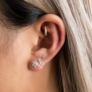 14K REAL Solid Gold Sunflower Cartilage Daith Helix Tragus Conch Rook Snug Diamond CZ Ear Post Stud Piercing Earring Body Jewelry 18Gauge
