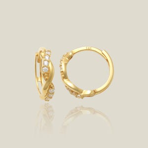 14K REAL Solid Gold Twist Cubic Zirconia Hoop Earrings, Cartilage Helix Tragus Conch  Huggie Hinge Ear Ring Piercing Jewelry Gift for Her