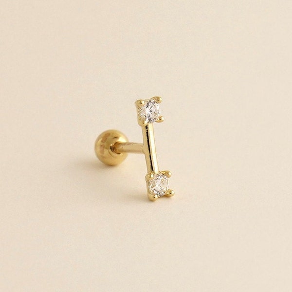 14K REAL Solid Gold Diamond CZ Cartilage Daith Helix Tragus Conch Rook Snug Horizontal Line Bar Ear Post Stud Piercing Earring Body 18Gauge