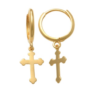 14K REAL Solid Gold Cross Huggie Hoop Earrings Dainty Minimalist Gold ...