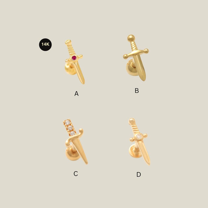 14Kゴールドダガースタッドイヤリング、ソリッドゴールドシングルイヤリング、剣型軟骨ピアス18G 画像 2