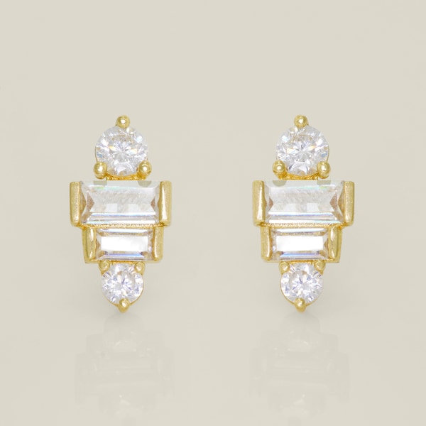 14K REAL Solid Gold Baguette CZ Screw-back Baby Stud Earrings, Cubic Zirconia Upper Earlobe Cartilage Helix Tragus Ear Post Stud Earrings