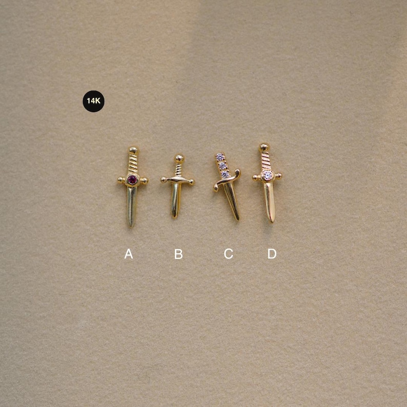 14Kゴールドダガースタッドイヤリング、ソリッドゴールドシングルイヤリング、剣型軟骨ピアス18G 画像 1