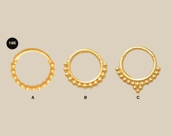 14K Solid Gold Beaded Hoop Earring, Nose Ring - 18/16 Gauge