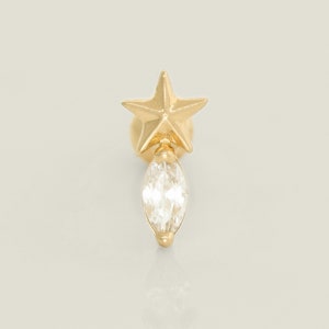 14K REAL Solid Gold Marquise Diamond CZ Star Cartilage Daith Helix Tragu Conch Rook Snug Ear Post Stud Piercing Earring Body Jewelry 18Gauge