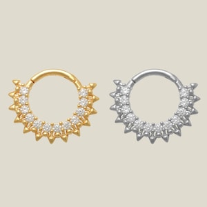 14K REAL Solid Gold CZ Diamond Sunshine Hoop Earring Piercing, Cartilage Daith Helix Tragus Conch Septum Nose Body Clicker Ring Jewelry