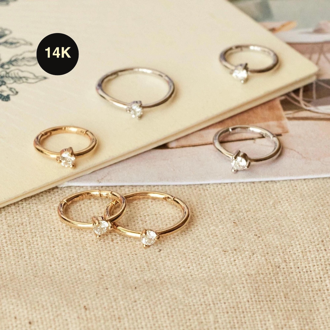 14K Diamond Solid Gold Clicker Hoop Ring, Earring Cartilage Septum Nose Ear Piercing - Etsy