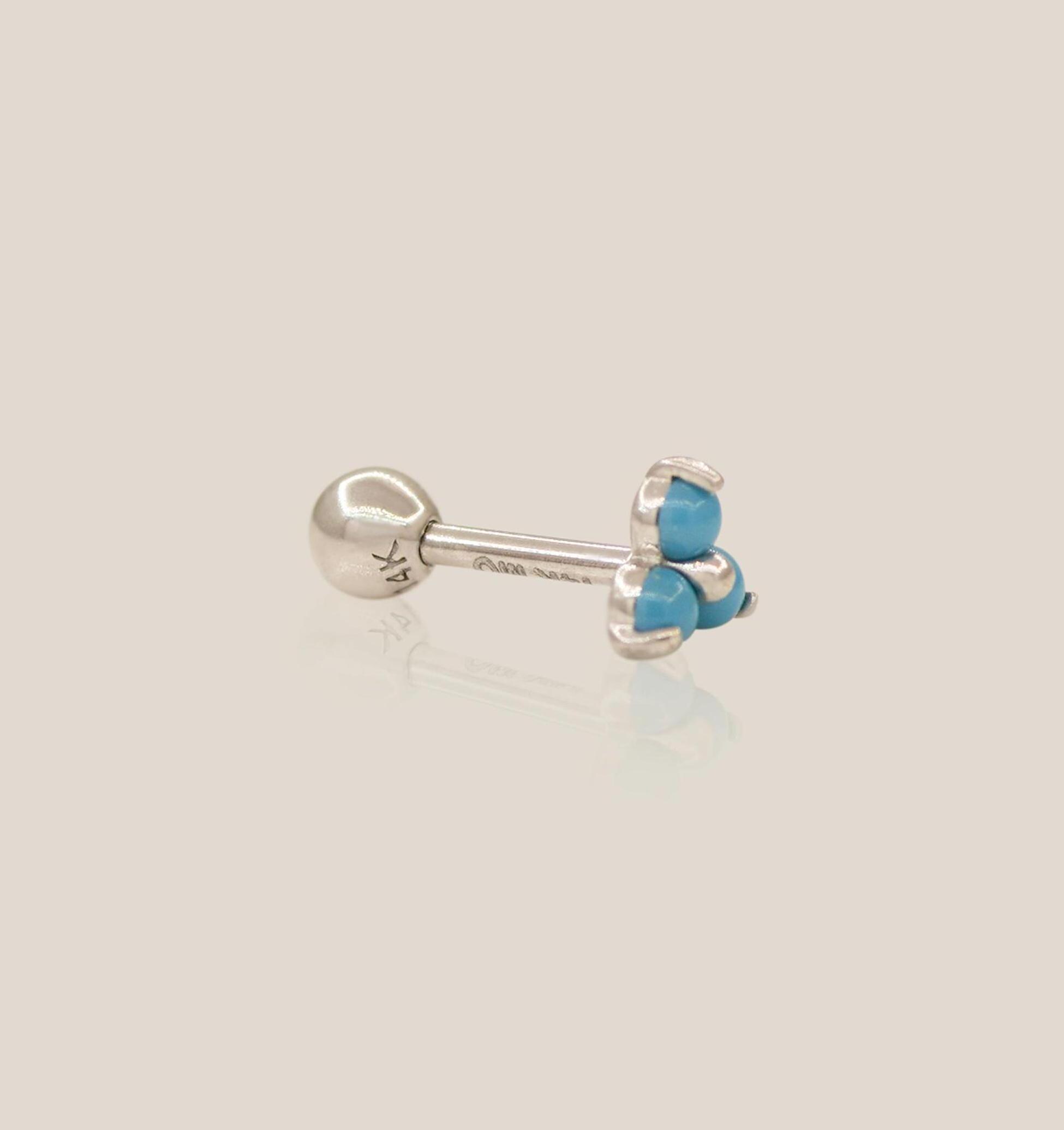 14K Solid Gold Turquoise Trinity Lotus Floral Stud Earring, Cartilage ...