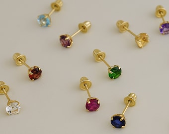 14K REAL Birthstone Stud Earrings Real Solid Gold Baby Cute Birthstone Stud Earrings Post Screw Back Stud Earrings Ear Piercing Jewelry