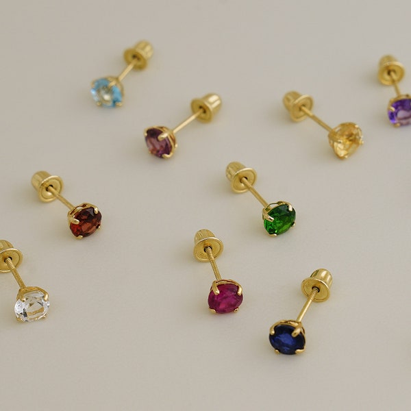 14K REAL Birthstone Stud Earrings Real Solid Gold Baby Cute Birthstone Stud Earrings Post Screw Back Stud Earrings Ear Piercing Jewelry