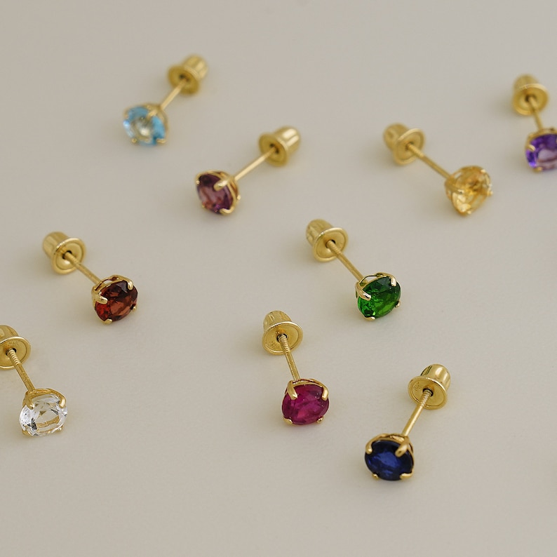 14K REAL Birthstone Stud Earrings Real Solid Gold Baby Cute Birthstone Stud Earrings Post Screw Back Stud Earrings Ear Piercing Jewelry image 1