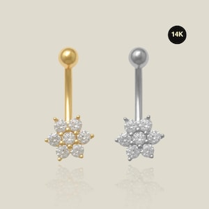 14K REAL Solid Gold Flower CZ Curved Barbell Earring Eyebrow Cartilage Daith Tragus Conch Rook Snug Body Piercing Jewelry 16Gauge