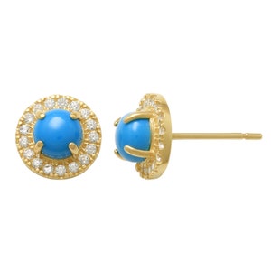 14K REAL Solid Gold Cubic Zirconia Turquoise Stud Earrings,  Cartilage Earlobe Tragus Ear Post Stud Piercing Jewelry, Gift For Her