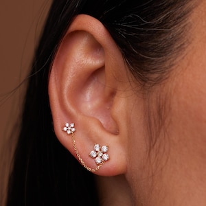14K Echtgold Doppel Blume Kette Bolzenohrring, CZ Obere Ohrläppchen Knorpel Helix Tragus Ohr Post Doppel-Piercing