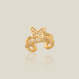 14K REAL Solid Gold Double Butterfly Ear Cuff Ring, CZ Cartilage Conch Helix No Piercing Ear Cuff Wrap Earring Gift For Her