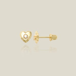 14K REAL Solid Gold Diamond-Cut Heart Stud Earrings, CZ Cartilage Daith Helix Tragus Conch Rook Snug Ear Post Screw-back Dainty Piercing