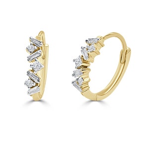 14K REAL Baguette Diamond Hoop Earrings, Real Solid Gold Natural Genuine Diamond Cartilage Tragu Helix Conch Huggie Hinge Hoop Ear Piercing 14K Yellow Gold