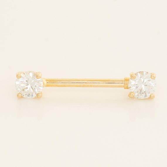 14K REAL Solid Gold Cubic Zirconia CZ Straight Barbell Nipple Ring