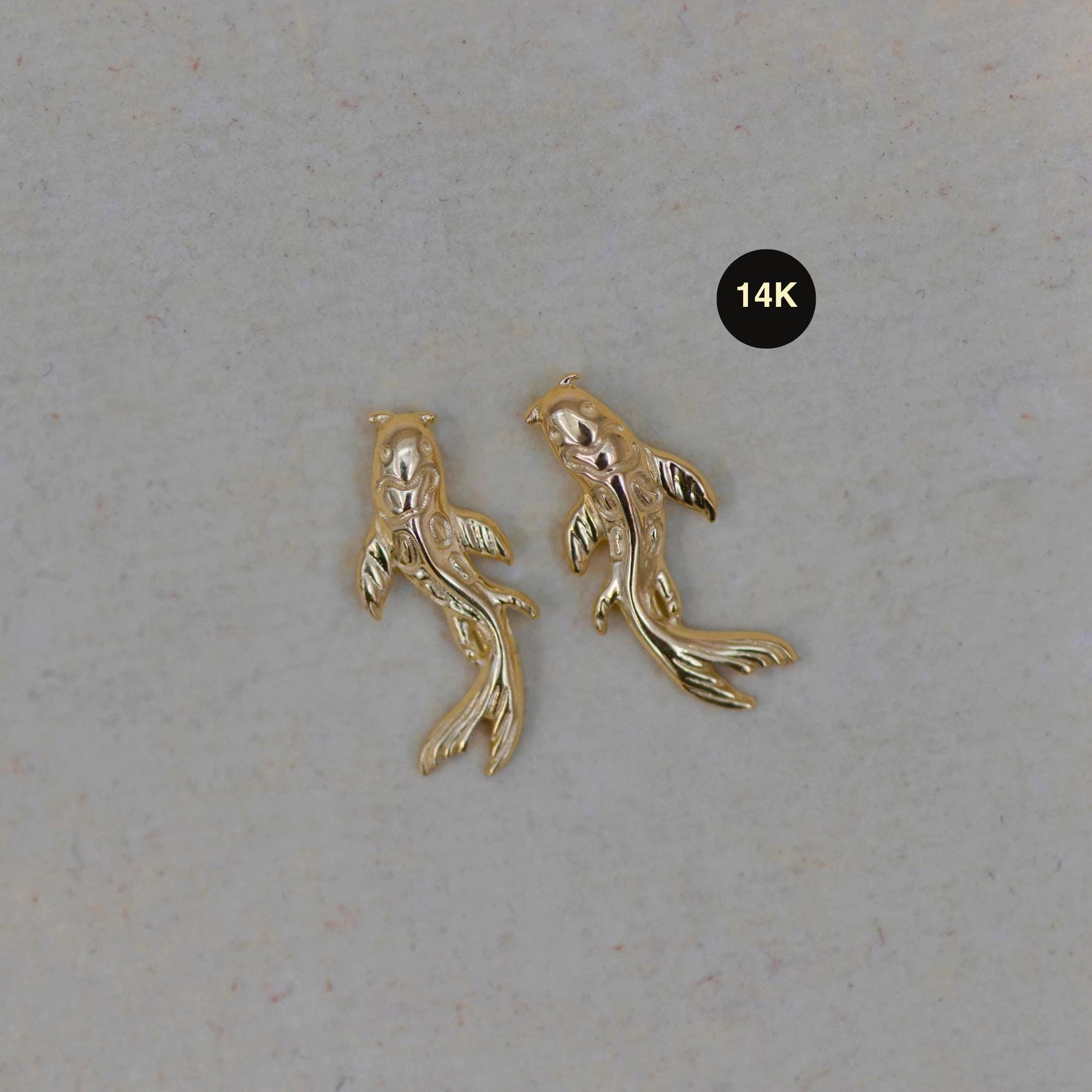 14K Solid Gold Curved Koi Fish Right Left Stud Earring, Ear Piercing Cartilage Helix Internal  Flat Back Post Push Pin Fine Jewelry 18G