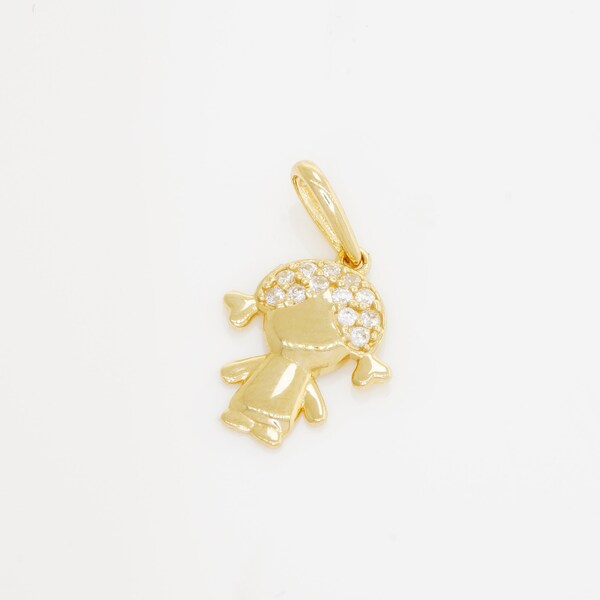 14K REAL Solid Gold Children Girl with Pigtail Pendant Charm for Chains