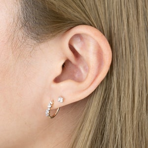 14K REAL Baguette Diamond Hoop Earrings, Real Solid Gold Natural Genuine Diamond Cartilage Tragu Helix Conch Huggie Hinge Hoop Ear Piercing image 2