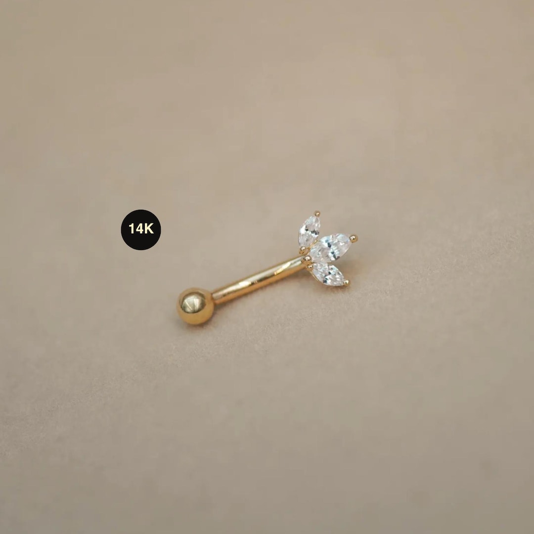 14K Solid Gold Lotus Flower Floral Trinity Curved Barbell, Rook Eyebrow ...
