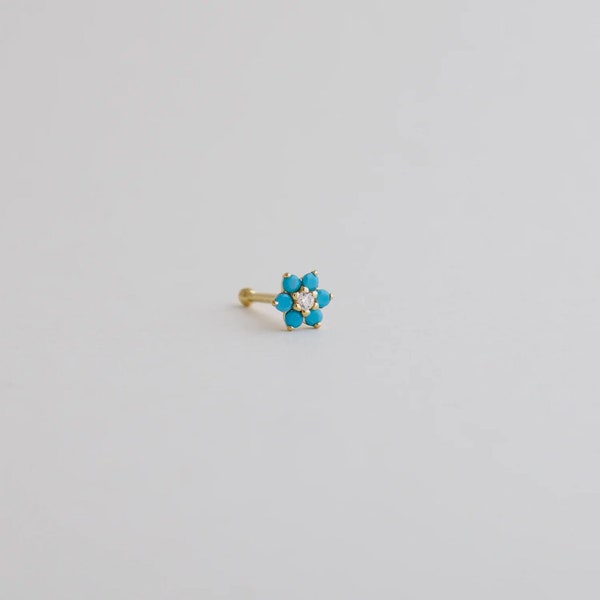 14K REAL Solid Gold Turquoise Diamond CZ Lotus Flower Nose Bone Stud Dainty Tiny Mini Baby Nose Bone Stud Twist Ring Body Jewelry Piercing
