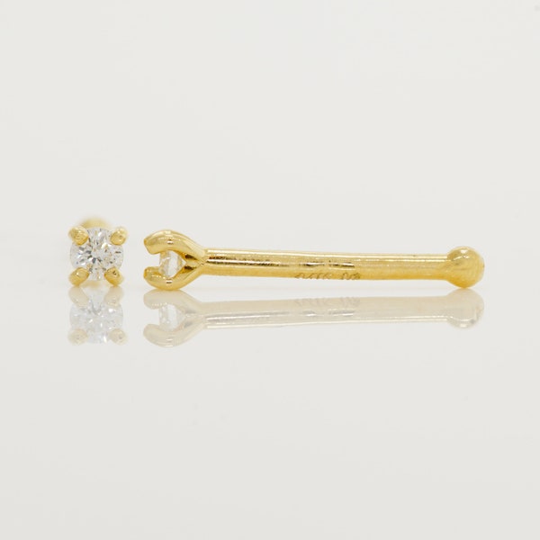 14K echter Diamant-Nasenstecker, zierlich, winzig, 100 % massives Gold, natürlicher echter Diamant, Nasenknochen-Stecker, gedrehter Ring, Körperschmuck, Piercing, 1,5 mm–2 mm, 20 g