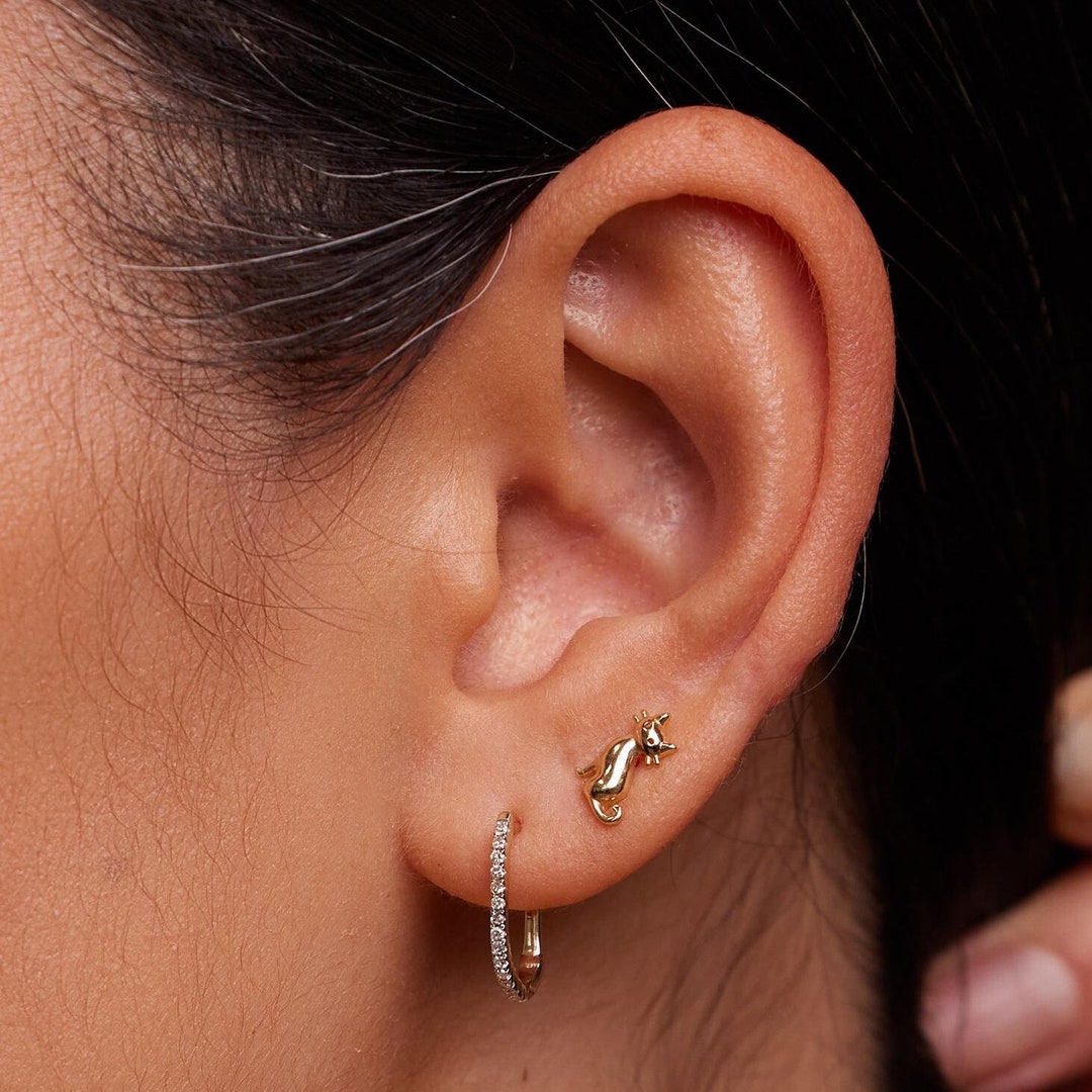 Aros ovalados con diamantes reales de 14 quilates, oro macizo