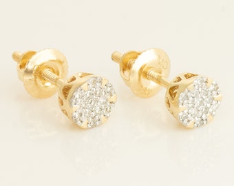 14K REAL Diamond Round Stud Earring Real Solid Gold Natural Genuine Diamond Statement Ear Post Push-back Stud Earrings