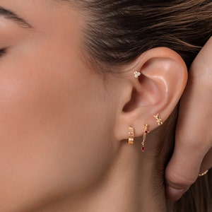 14K REAL Solid Gold Cross Engraved Hoop Earrings, Cartilage Daith Helix Tragus Conch Rook Snug Huggie Hinge Hoop Ear Ring Piercing Jewelry image 4