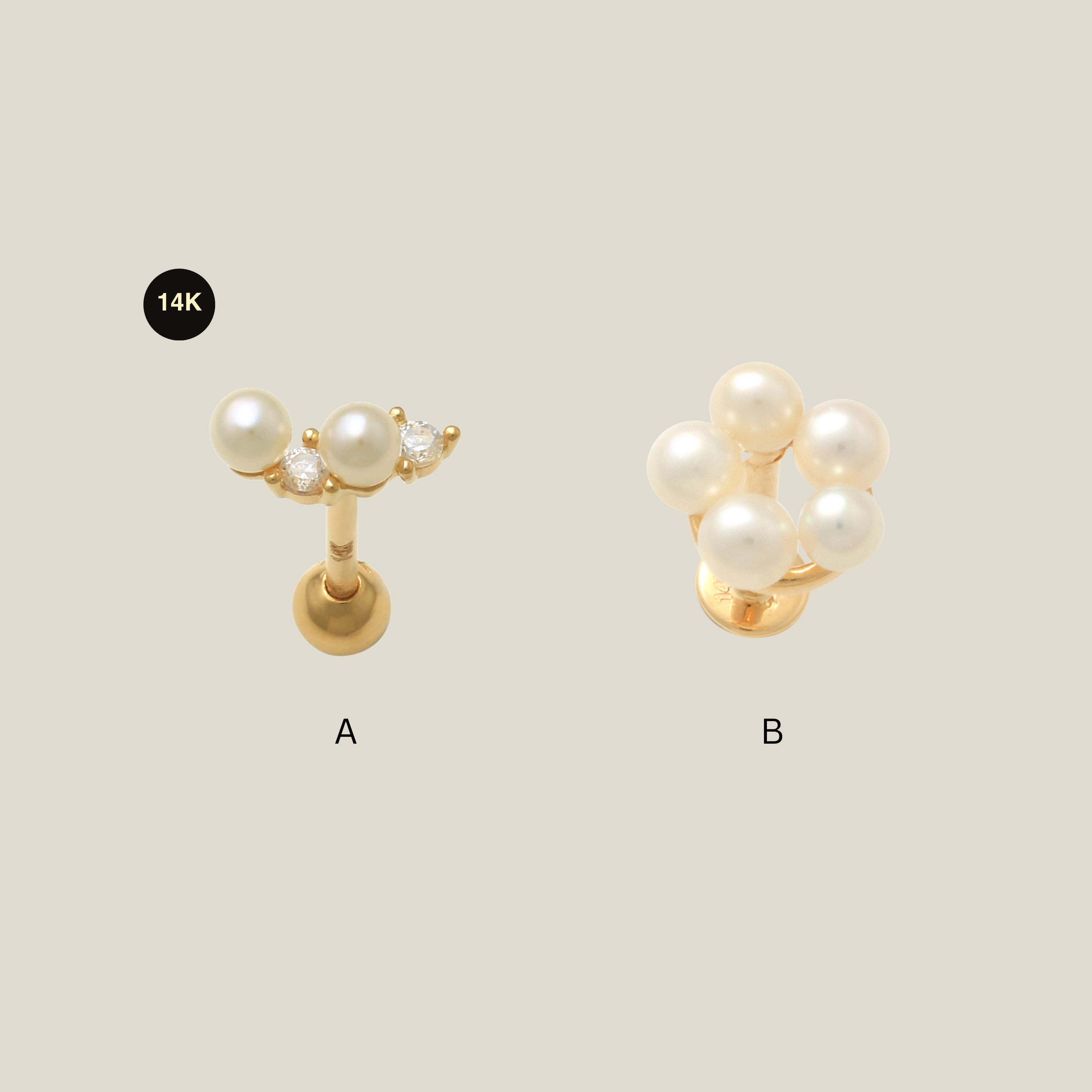 14K Real Solid Gold Pearl Stud Earrings, Double Pearl with CZ or Floral Bloom Cartilage Helix Tragus Conch 18G