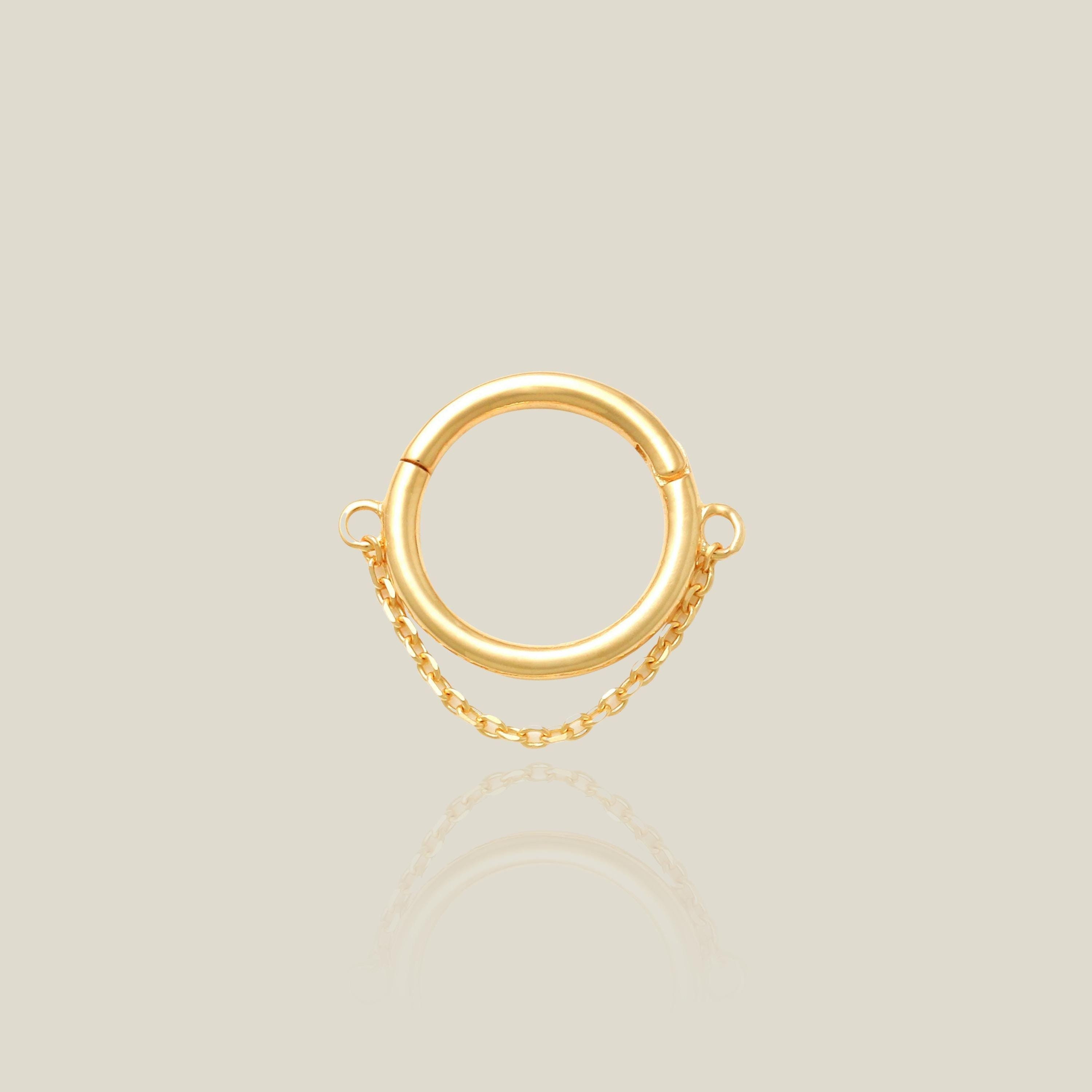 14K REAL Solid Gold Double Chain Hoop, Ring Septum Piercing - Gold Cartilage Daith Helix Conch Rook Hinged Clicker Nose Ear Jewelry 16Gauge