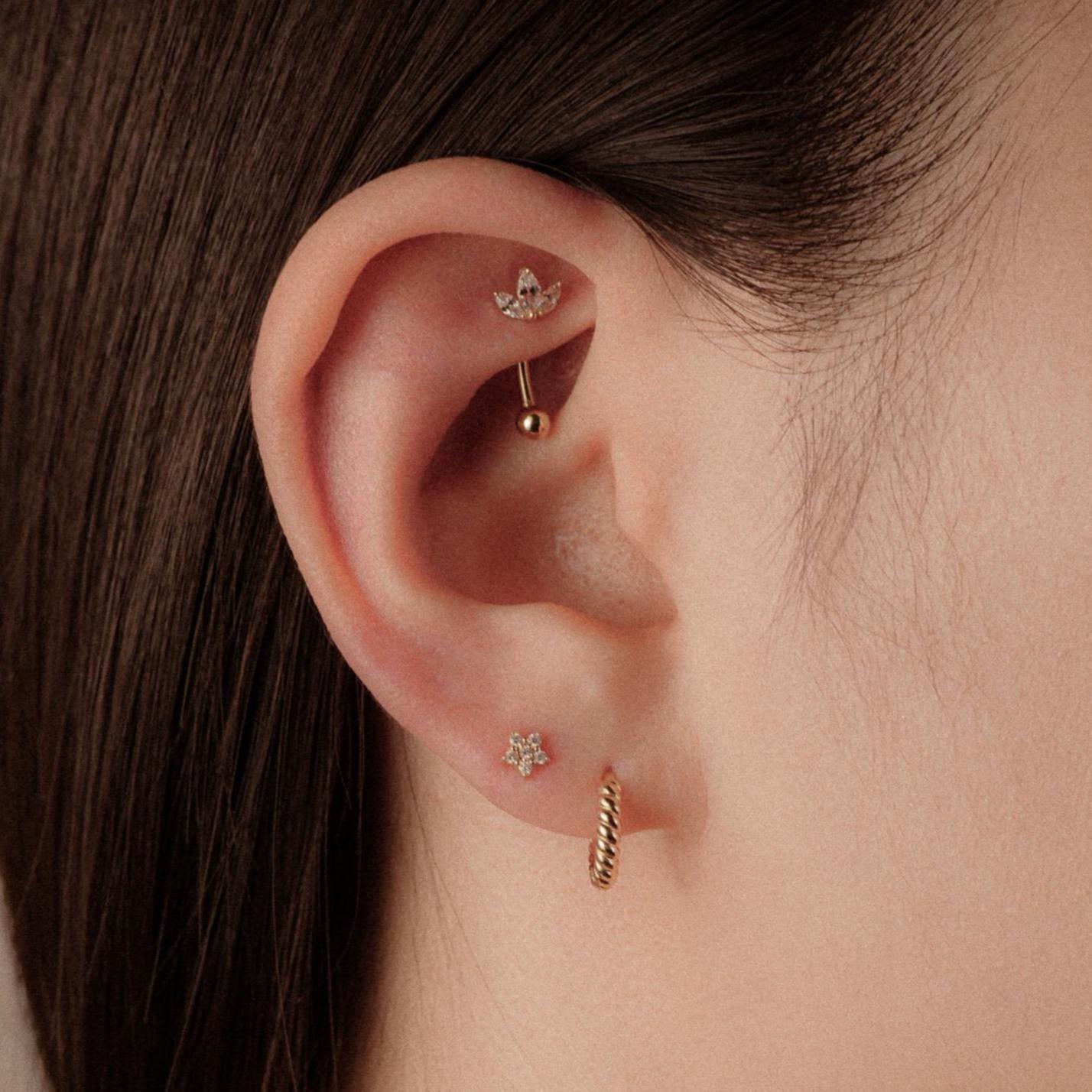 14K Solid Gold Lotus Flower Floral Trinity Curved Barbell, Rook Eyebrow ...