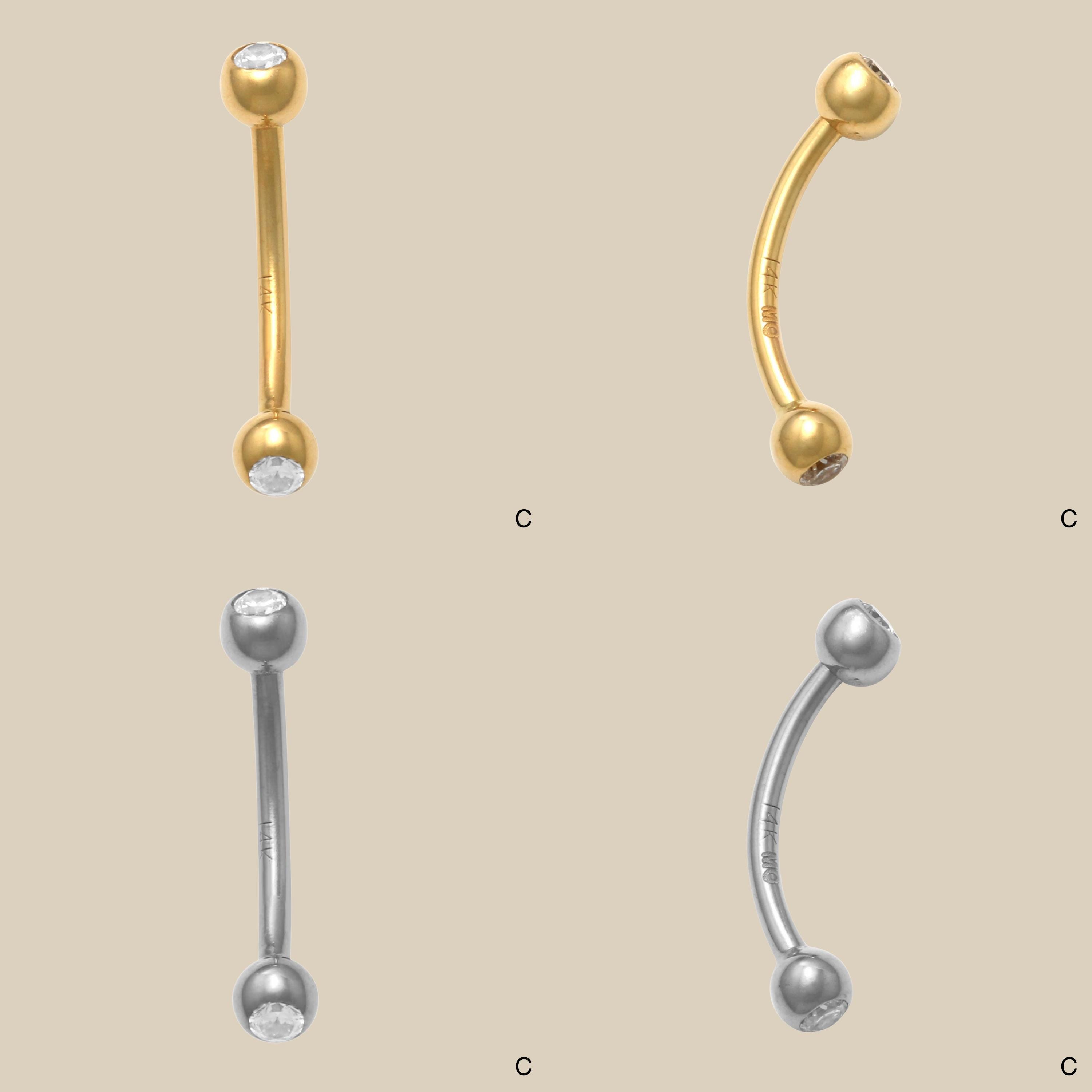 14K Solid Gold Curved Barbell Piercing, CZ Diamond Eyebrow