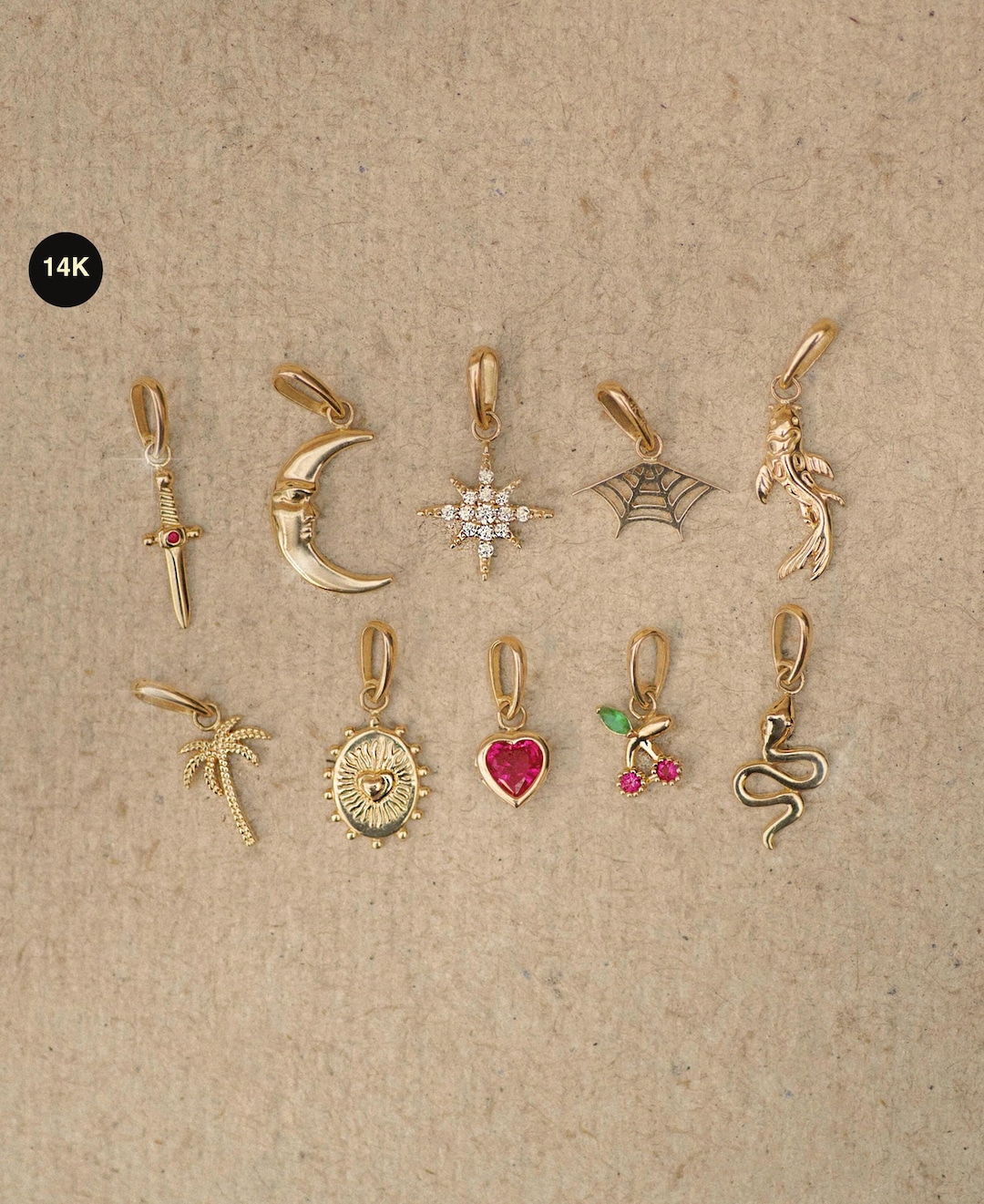 14K Solid Gold Charm Pendant – Heart, Moon, Ruby Dagger, and More - Etsy