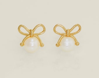 14K REAL Solid Gold Ribbon with Freshwater Pearl Stud Earrings, Screw-back Baby Cartilage Earlobe Tragus Ear Post Stud Piercing Jewelry