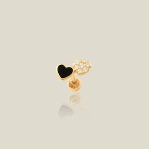 14K REAL Solid Gold Black & White Double Heart Stud, Ear Piercing Flat Back Cartilage Helix Tragus Conch  Post Cute Earring 18Gauge Jewelry