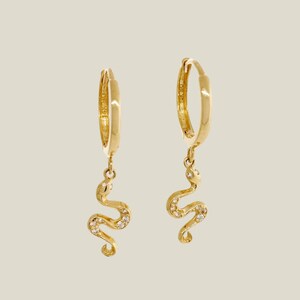 14K REAL Solid Gold Cubic Zirconia Snake Drop Huggie Earrings Cartilage Upper Earlobe Helix CZ Dangle Drop Hoop Earrings Gift For Her