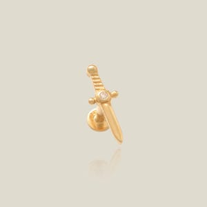 REAL 14K Solid Gold CZ Dagger Push Pin Stud Earring, Bezel Set CZ, 18G Flat Back, Helix, Cartilage, Tragus Piercing Minimalist Sword Jewelry