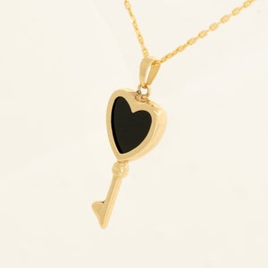 14K REAL Solid Gold Heart Key Charm Pendant Real Natural Black Onyx Heart Key Charm Pendant for Chains