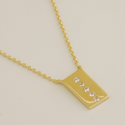 14K REAL Solid Gold Diamond CZ shops Rectangle Name Tag Chain Necklace, Diamond CZ Minimalist Dainty Rectangle Name Tag Charm Chain Necklace