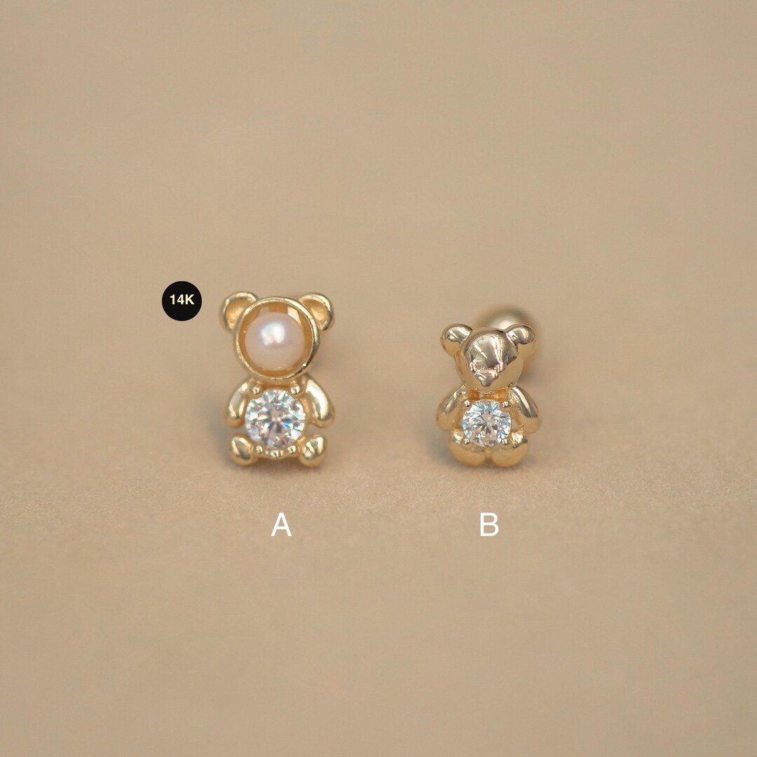 14K Solid Gold Teddy Bear Stud Earring, Pearl & Diamond CZ Jewelry