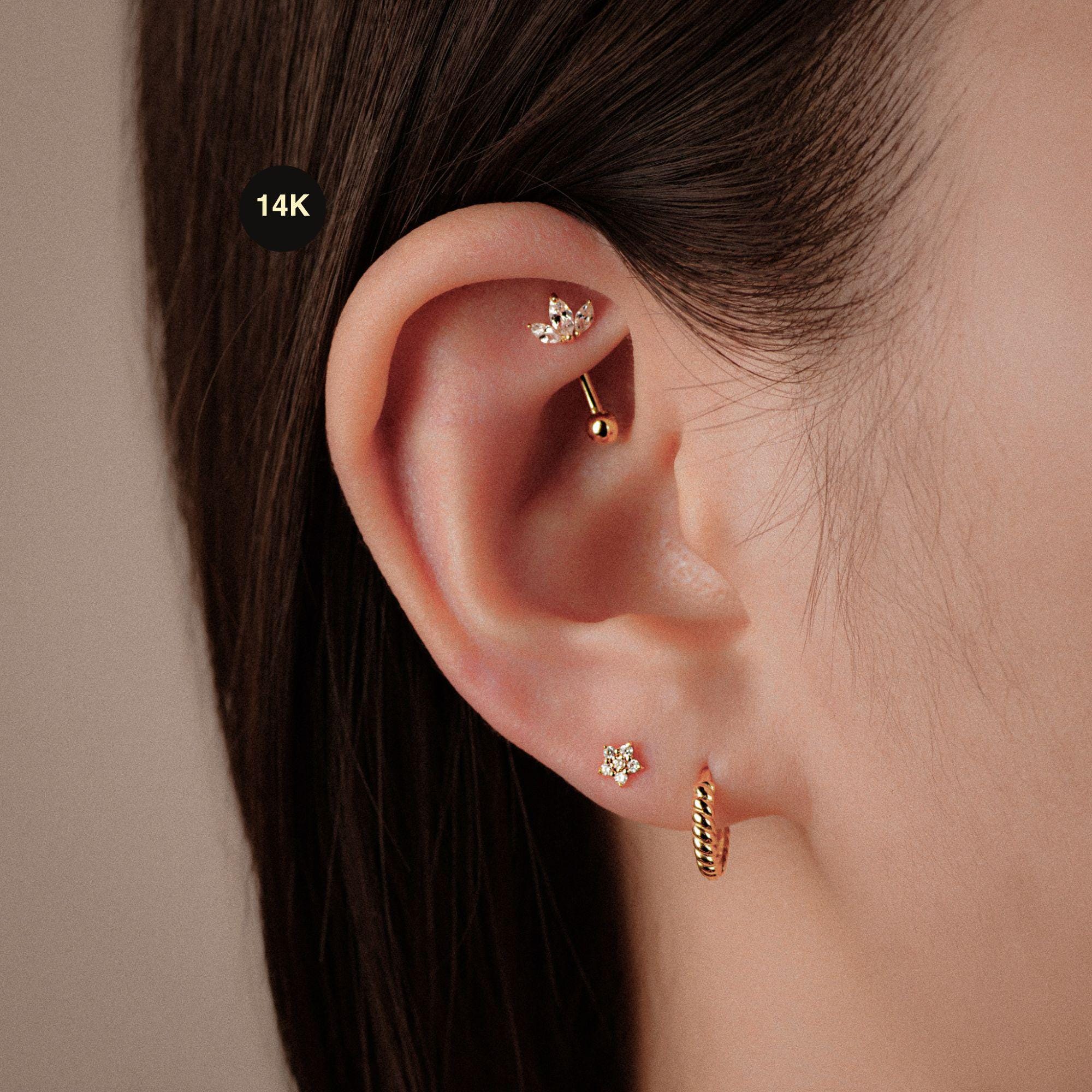 14K Solid Gold Lotus Flower Floral Trinity Curved Barbell, Rook Eyebrow ...