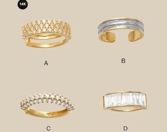 14K Solid Gold Ear Cuff Ring, Diamond CZ Bold Thick Minimalist Earring, No-Piercing Wrap