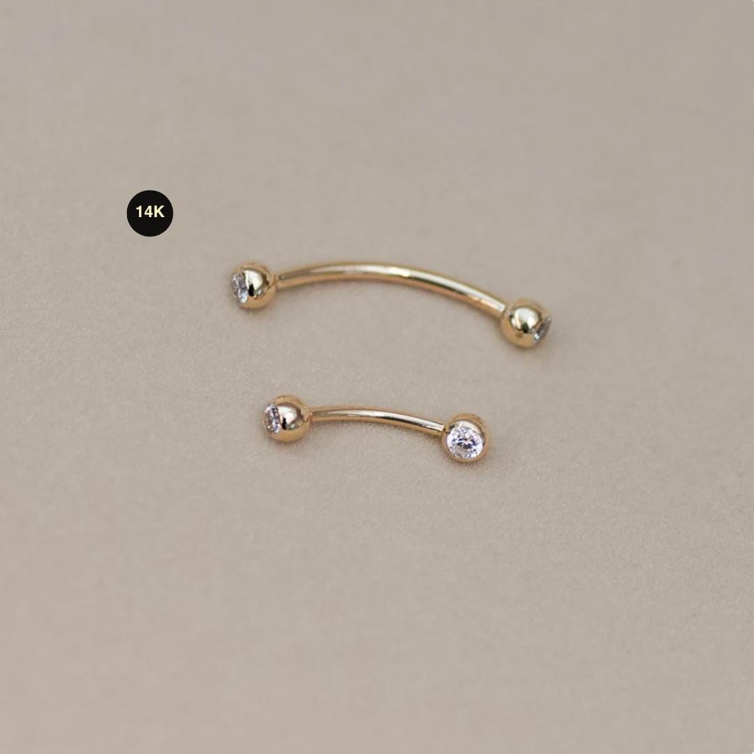 14K Solid Gold Curved Barbell Piercing, CZ Diamond Eyebrow
