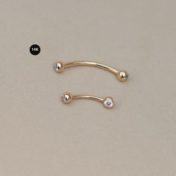 14K Solid Gold Curved Barbell Piercing, CZ Diamond Eyebrow