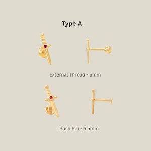 14Kゴールドダガースタッドイヤリング、ソリッドゴールドシングルイヤリング、剣型軟骨ピアス18G Type A